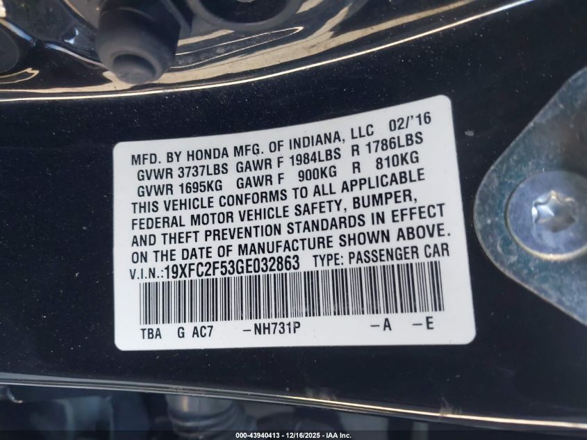 2016 Honda Civic Lx VIN: 19XFC2F53GE032863 Lot: 43940413