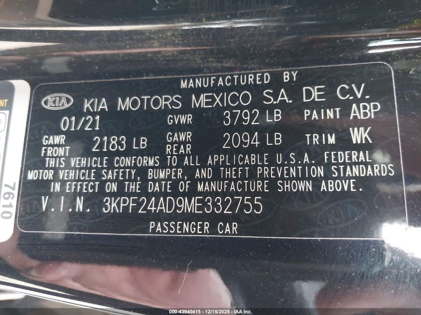 2021 Kia Forte Lxs VIN: 3KPF24AD9ME332755 Lot: 43940415