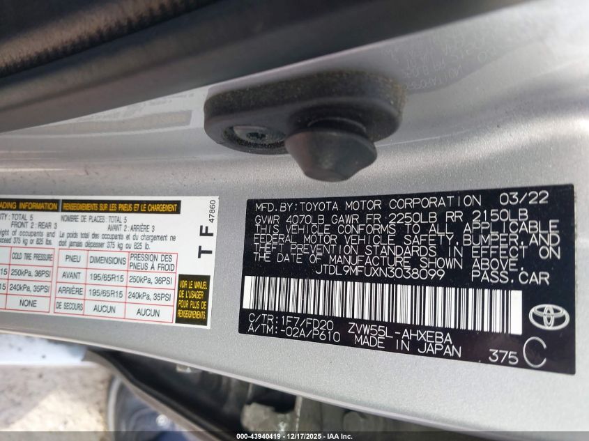 2022 Toyota Prius Le Awd-E VIN: JTDL9MFUXN3038099 Lot: 43940419