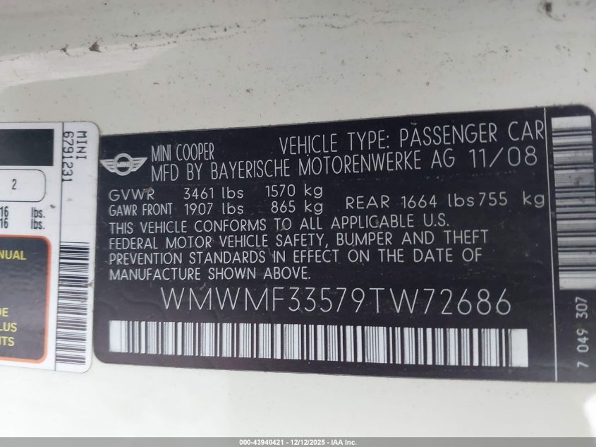2009 Mini Cooper VIN: WMWMF33579TW72686 Lot: 43940421
