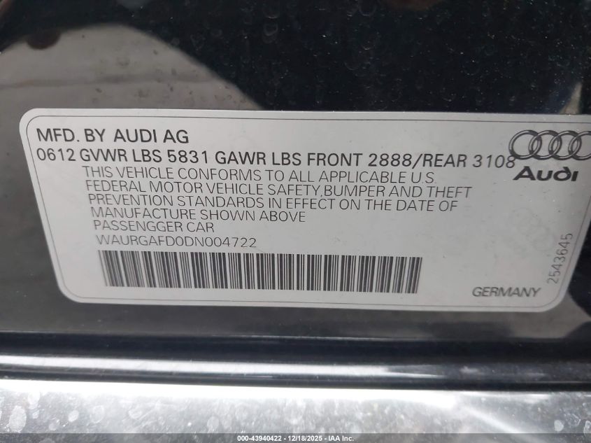 2013 Audi A8 L 3.0T VIN: WAURGAFD0DN004722 Lot: 43940422