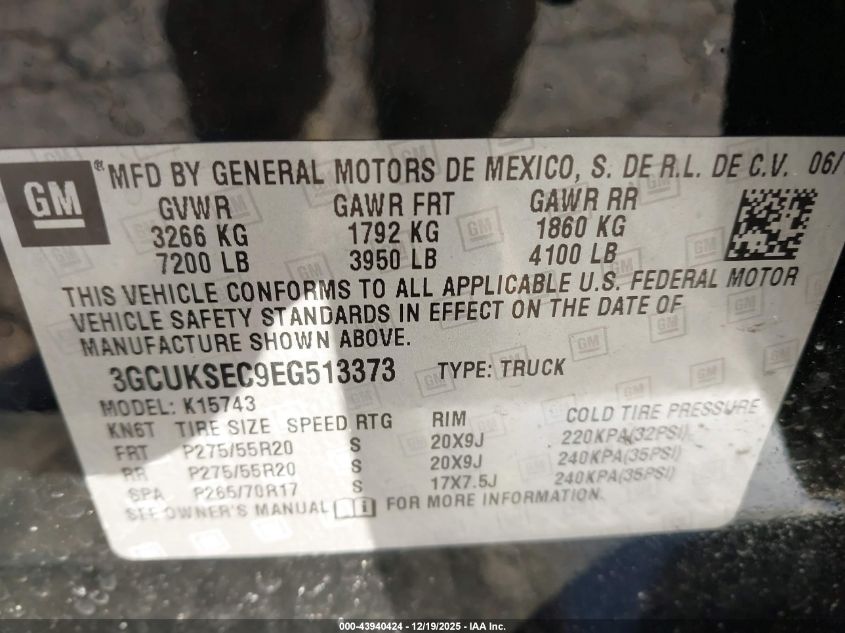 2014 Chevrolet Silverado 1500 1Lz VIN: 3GCUKSEC9EG513373 Lot: 43940424