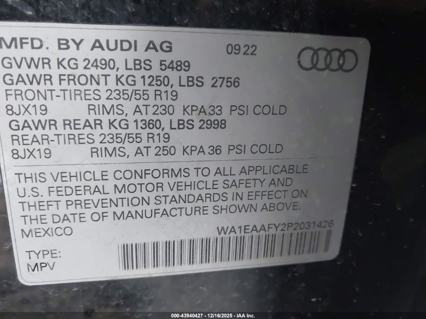 2023 Audi Q5 Premium Plus 45 Tfsi S Line Quattro VIN: WA1EAAFY2P2031426 Lot: 43940427