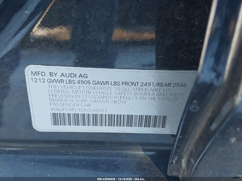 2013 Audi A4 2.0T Premium VIN: WAUFFAFLXDN034033 Lot: 43940429