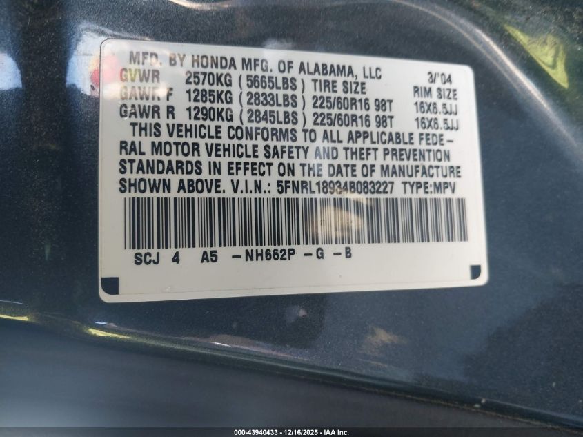 2004 Honda Odyssey Ex-L VIN: 5FNRL18934B083227 Lot: 43940433