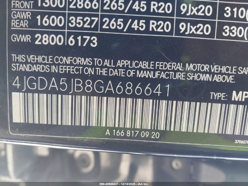 2016 Mercedes-Benz Gle 350 VIN: 4JGDA5JB8GA686641 Lot: 43940437