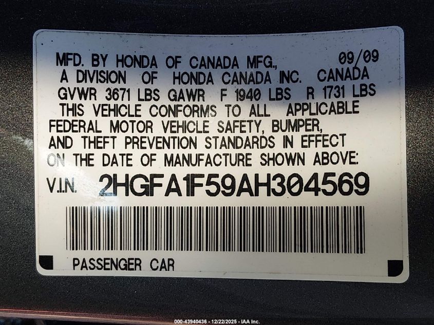 2010 Honda Civic Lx VIN: 2HGFA1F59AH304569 Lot: 43940436