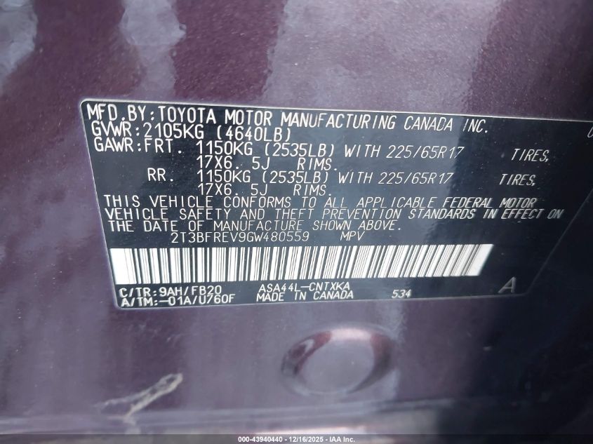 2016 Toyota Rav4 Le VIN: 2T3BFREV9GW480559 Lot: 43940440