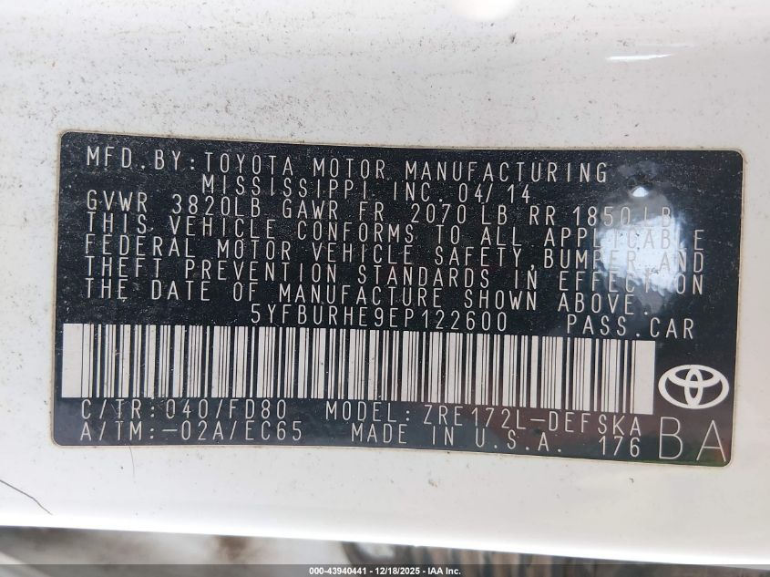 2014 Toyota Corolla S Plus VIN: 5YFBURHE9EP122600 Lot: 43940441