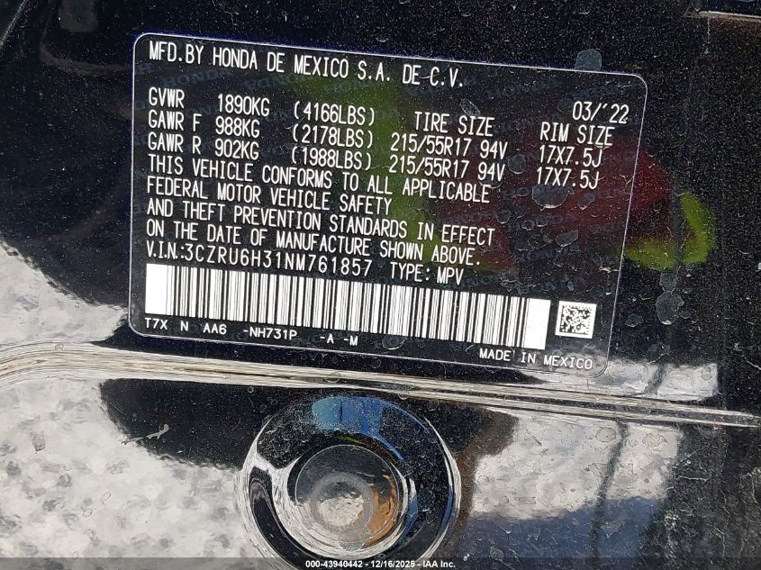 2022 Honda Hr-V Awd Lx VIN: 3CZRU6H31NM761857 Lot: 43940442