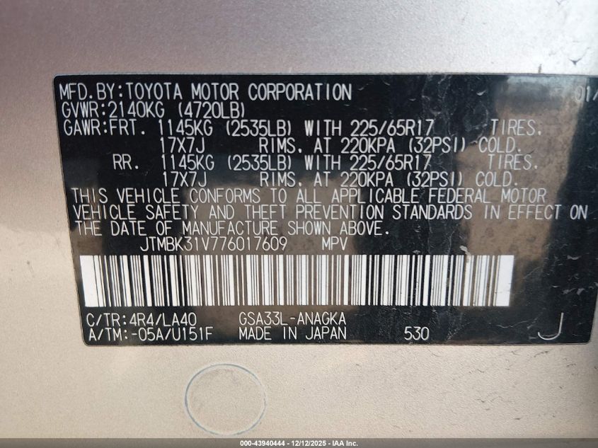 2007 Toyota Rav4 Limited V6 VIN: JTMBK31V776017609 Lot: 43940444