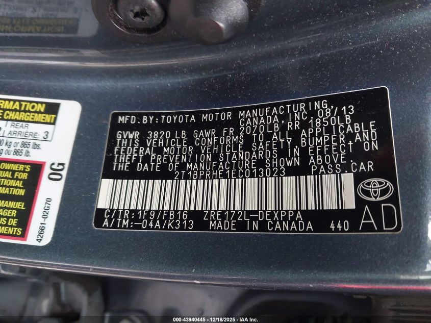 2014 Toyota Corolla Le Eco Plus VIN: 2T1BPRHE1EC013023 Lot: 43940445