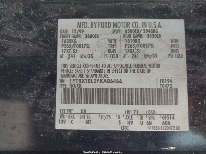 2000 Ford F-150 Lariat/Work Series/Xl/Xlt VIN: 1FTRX18L2YKA86466 Lot: 43940446