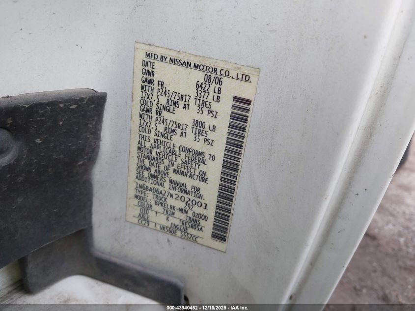 2007 Nissan Titan Xe VIN: 1N6BA06A27N202001 Lot: 43940452