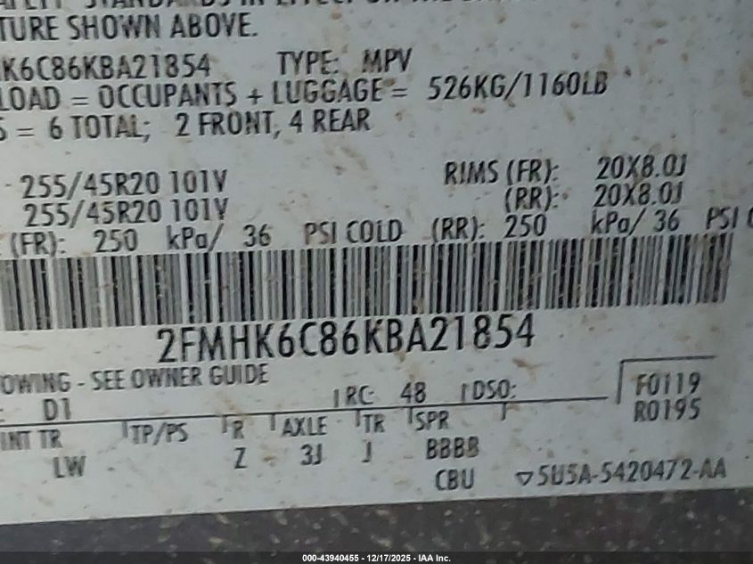 2019 Ford Flex Sel VIN: 2FMHK6C86KBA21854 Lot: 43940455