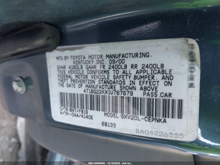 2001 Toyota Camry Le VIN: 4T1BG22KX1U767679 Lot: 43940456