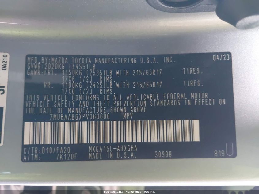 2023 Toyota Corolla Cross Le VIN: 7MUBAABGXPV060600 Lot: 43940458