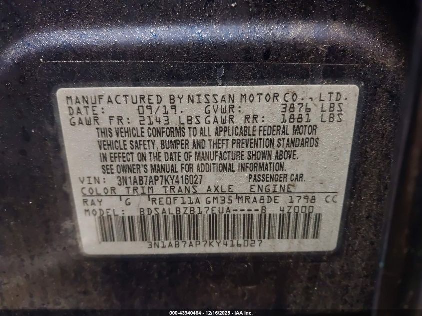 2019 Nissan Sentra S VIN: 3N1AB7AP7KY416027 Lot: 43940464