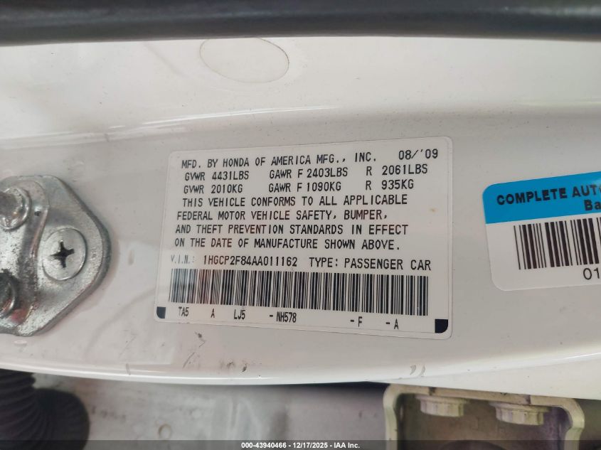 2010 Honda Accord 2.4 Ex-L VIN: 1HGCP2F84AA011162 Lot: 43940466