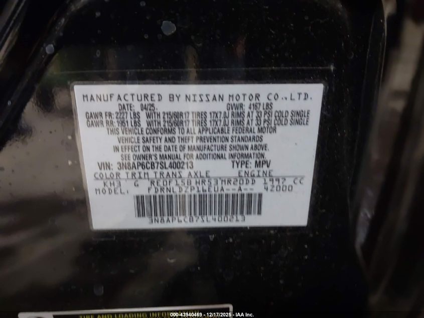 2025 Nissan Kicks Sv Intelligent Awd VIN: 3N8AP6CB7SL400213 Lot: 43940469