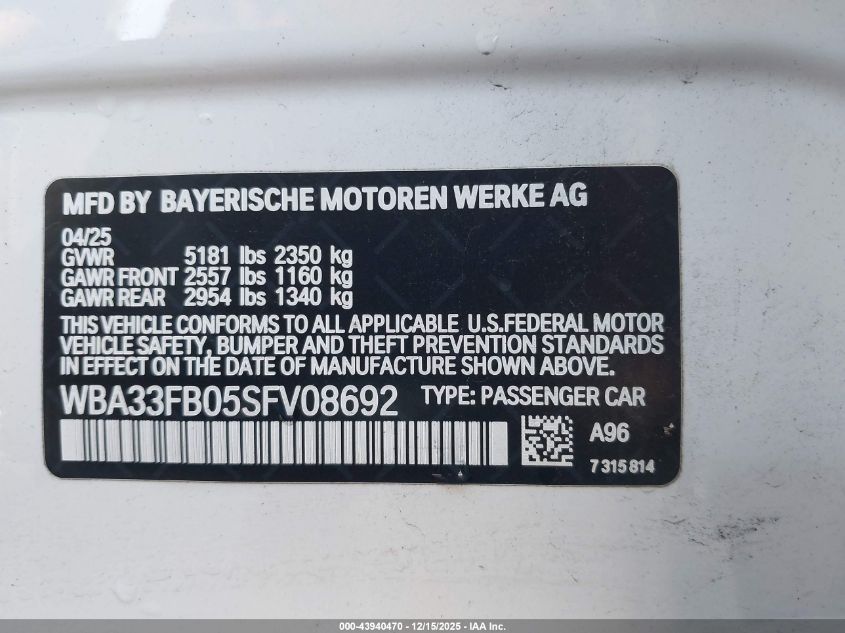 2025 BMW 430I Gran Coupe xDrive VIN: WBA33FB05SFV08692 Lot: 43940470