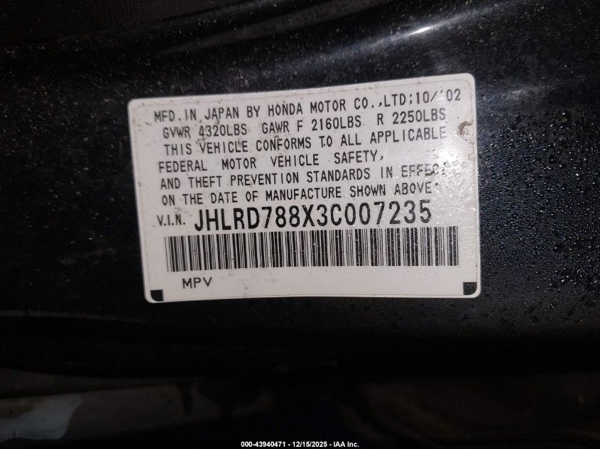 2003 Honda Cr-V Ex VIN: JHLRD788X3C007235 Lot: 43940471