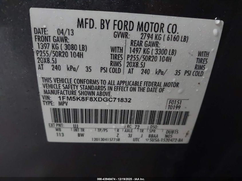 2013 Ford Explorer Limited VIN: 1FM5K8F8XDGC71832 Lot: 43940474