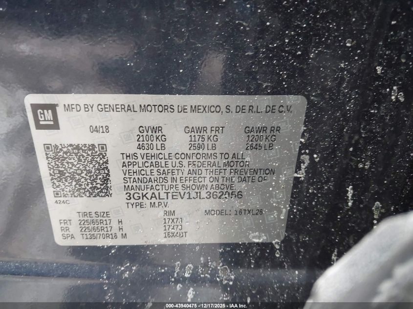 2018 GMC Terrain Sle VIN: 3GKALTEV1JL362056 Lot: 43940475