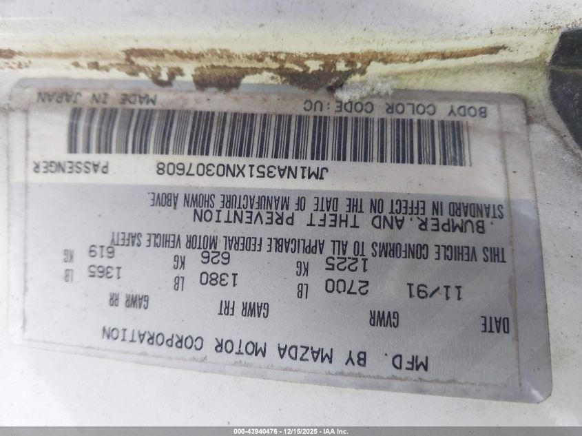 1992 Mazda Mx-5 Miata VIN: JM1NA351XN0307608 Lot: 43940476