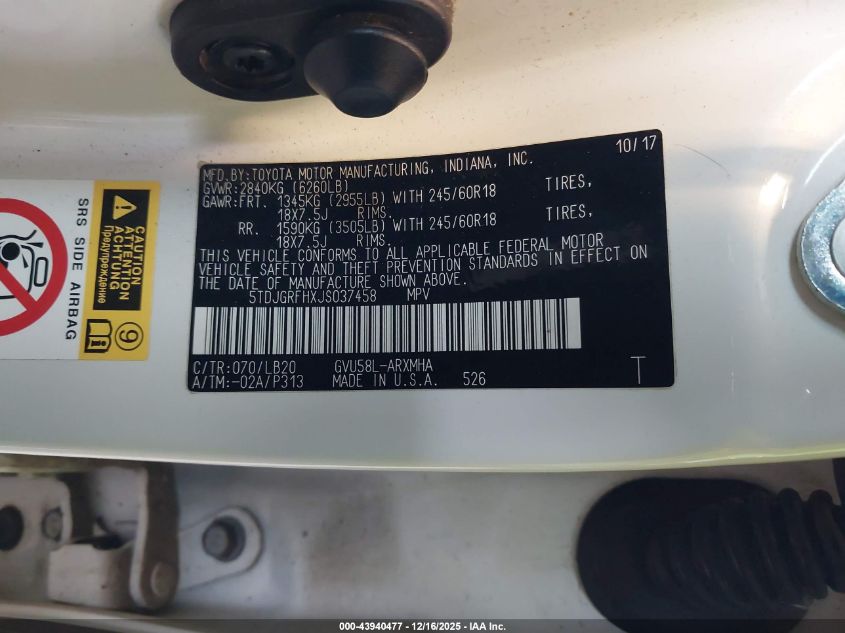 2018 Toyota Highlander Hybrid Xle VIN: 5TDJGRFHXJS037458 Lot: 43940477