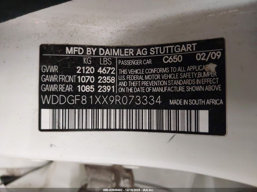 2009 Mercedes-Benz C 300 Luxury 4Matic/Sport 4Matic VIN: WDDGF81XX9R073334 Lot: 43940482