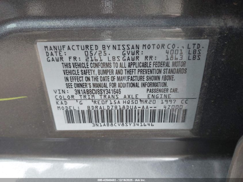 2025 Nissan Sentra Sv VIN: 3N1AB8CV8SY341646 Lot: 43940483