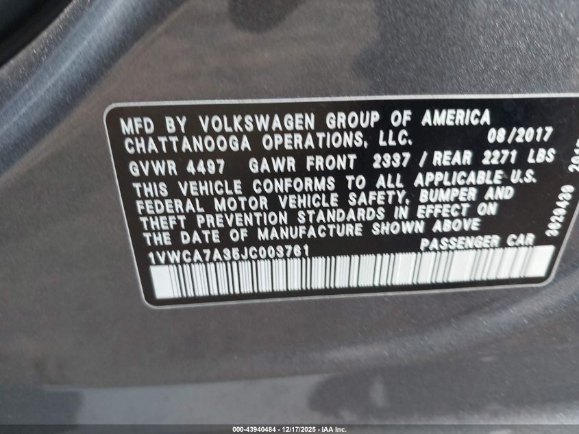 2018 Volkswagen Passat 2.0T Sel Premium VIN: 1VWCA7A35JC003761 Lot: 43940484