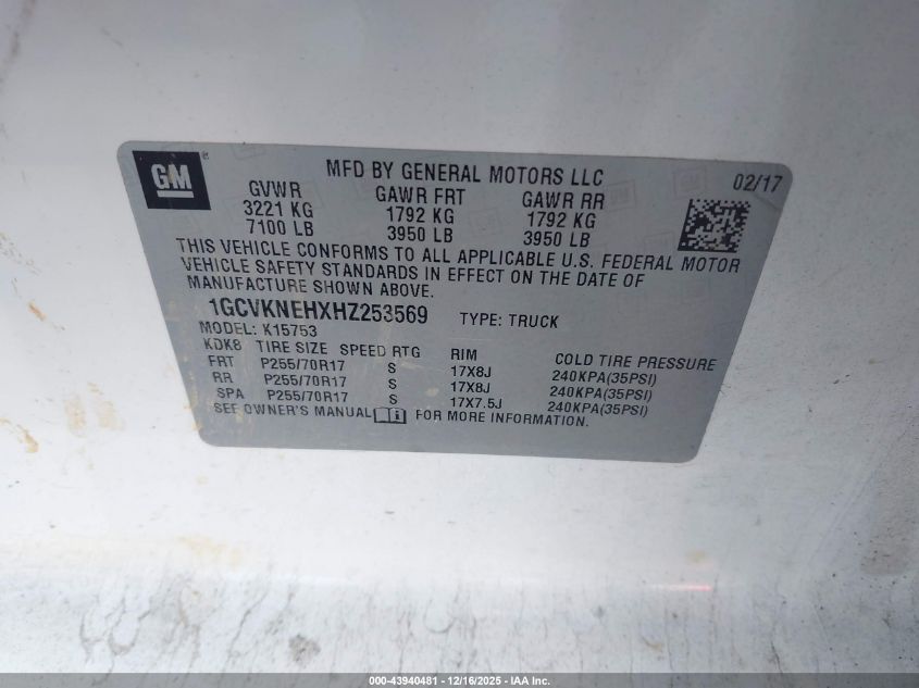 2017 Chevrolet Silverado 1500 Wt VIN: 1GCVKNEHXHZ253569 Lot: 43940481