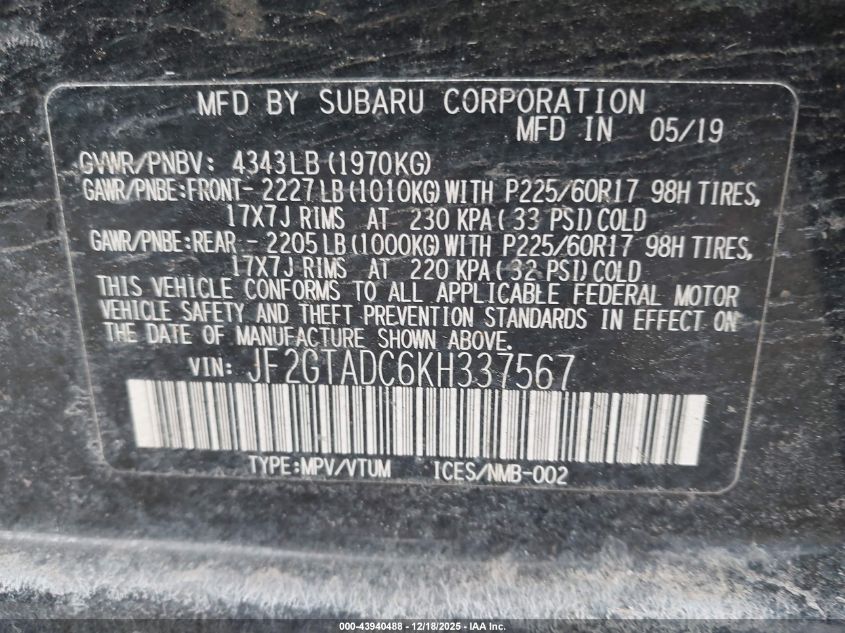 2019 Subaru Crosstrek 2.0I Premium VIN: JF2GTADC6KH337567 Lot: 43940488