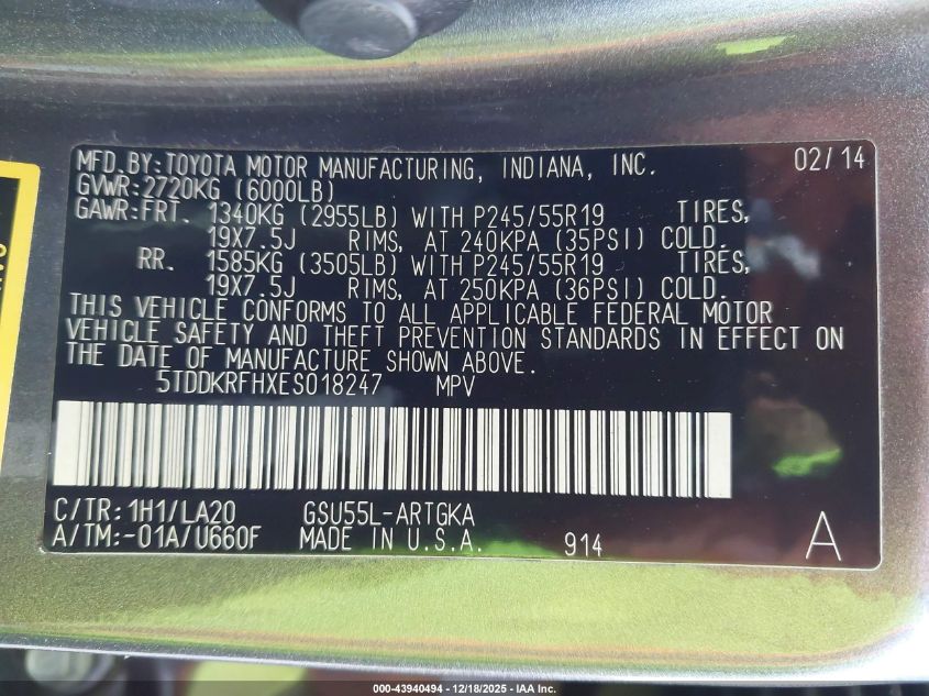 2014 Toyota Highlander Limited V6 VIN: 5TDDKRFHXES018247 Lot: 43940494