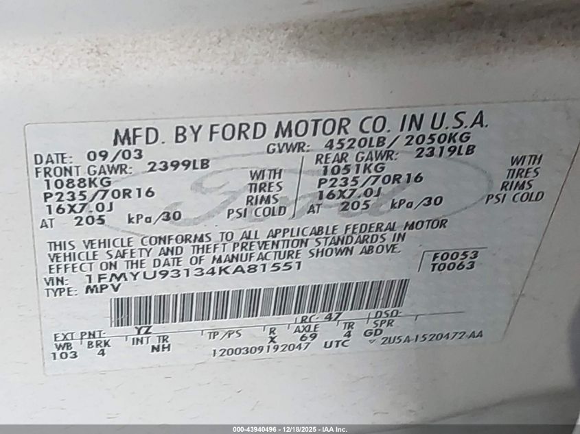 2004 Ford Escape Xlt VIN: 1FMYU93134KA81551 Lot: 43940496