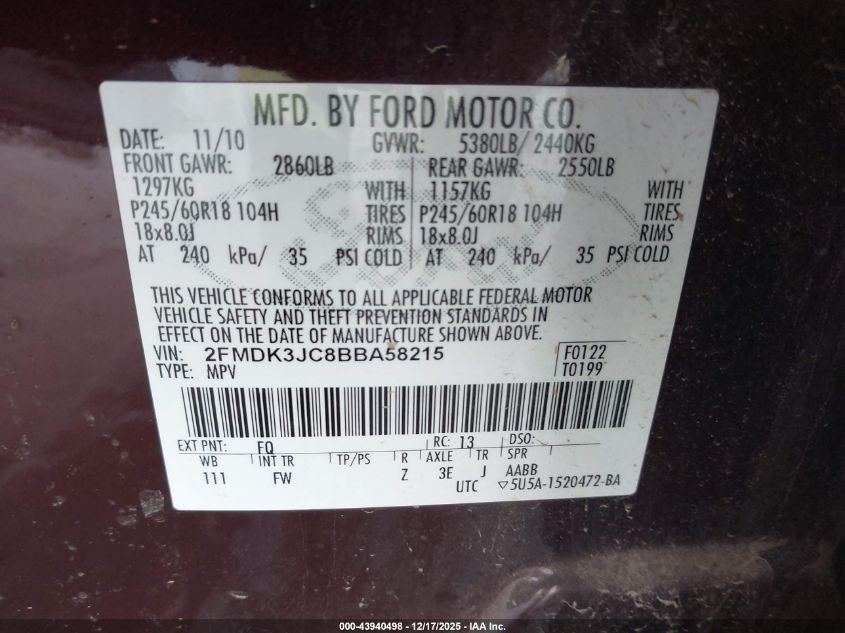 2011 Ford Edge Sel VIN: 2FMDK3JC8BBA58215 Lot: 43940498