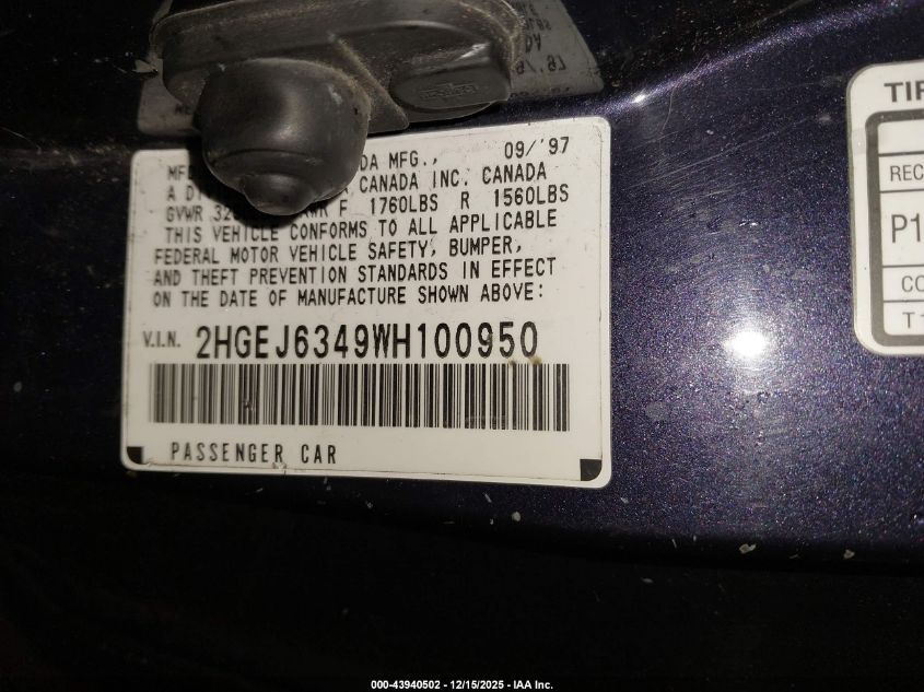 1998 Honda Civic Dx VIN: 2HGEJ6349WH100950 Lot: 43940502