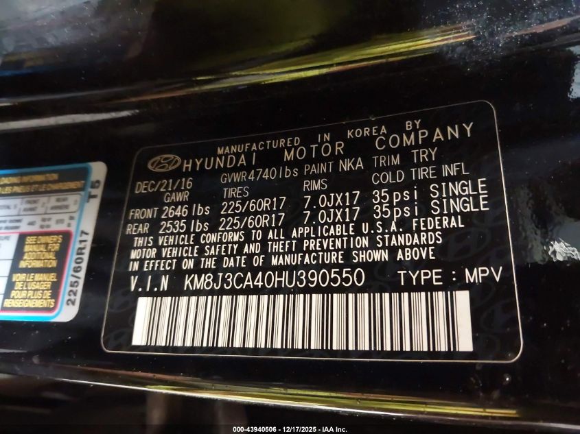 2017 Hyundai Tucson Se VIN: KM8J3CA40HU390550 Lot: 43940506