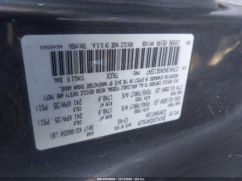 2004 Dodge Ram 1500 Slt/Laramie VIN: 1D7HA18N34S613347 Lot: 43940508