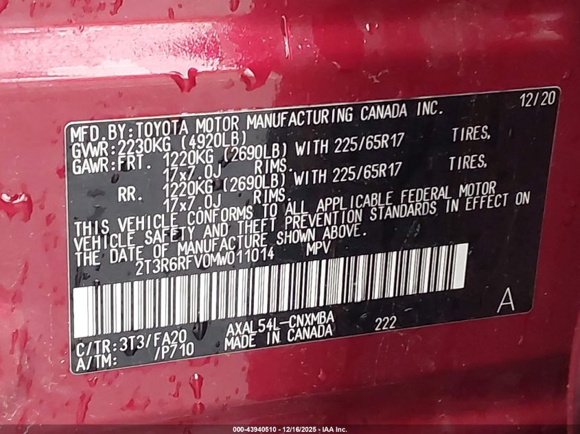 2021 Toyota Rav4 Hybrid Xle VIN: 2T3R6RFV0MW011014 Lot: 43940510