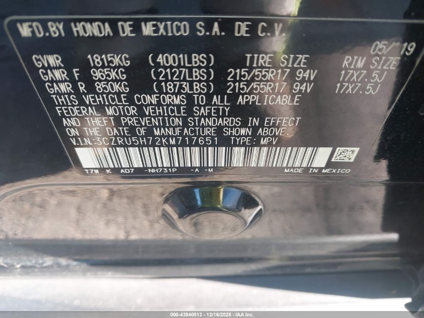 2019 Honda Hr-V Ex-L VIN: 3CZRU5H72KM717651 Lot: 43940513