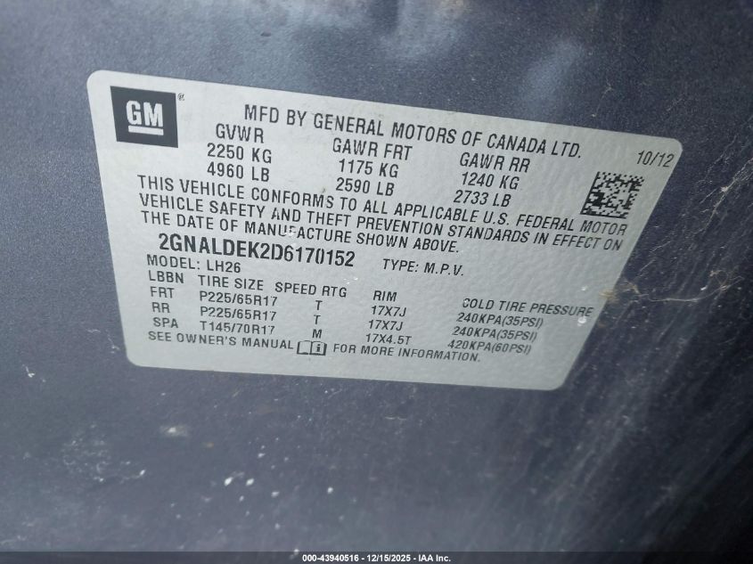 2013 Chevrolet Equinox 1Lt VIN: 2GNALDEK2D6170152 Lot: 43940516