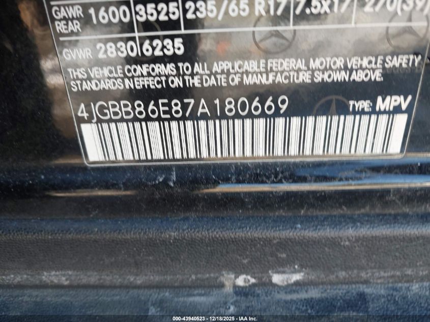 2007 Mercedes-Benz Ml 350 4Matic VIN: 4JGBB86E87A180669 Lot: 43940523