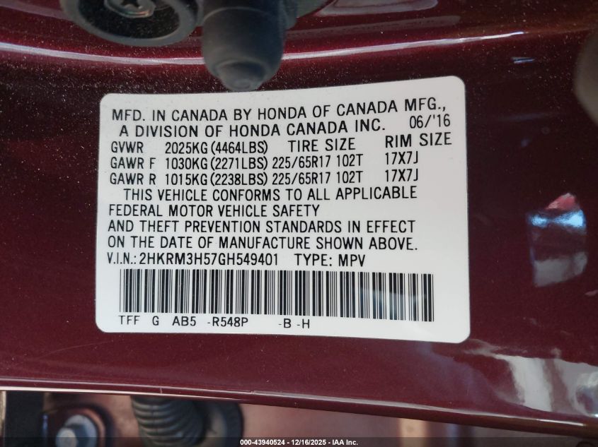 2016 Honda Cr-V Ex VIN: 2HKRM3H57GH549401 Lot: 43940524