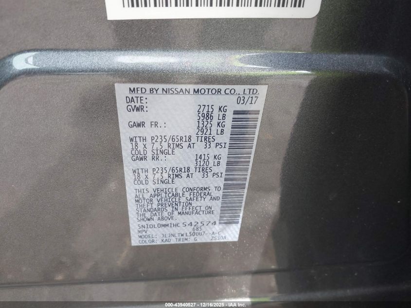 2017 Infiniti Qx60 VIN: 5N1DL0MM1HC542574 Lot: 43940527