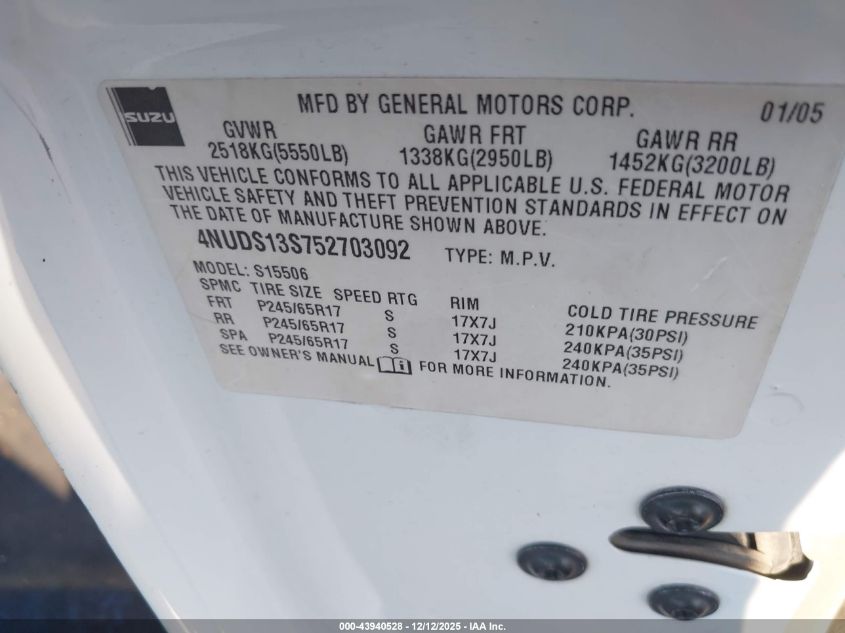 2005 Isuzu Ascender S VIN: 4NUDS13S752703092 Lot: 43940528