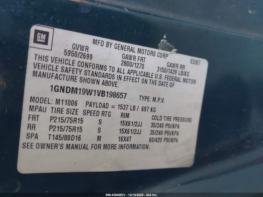 1997 Chevrolet Astro Ls Cmi VIN: 1GNDM19W1VB198657 Lot: 43940531