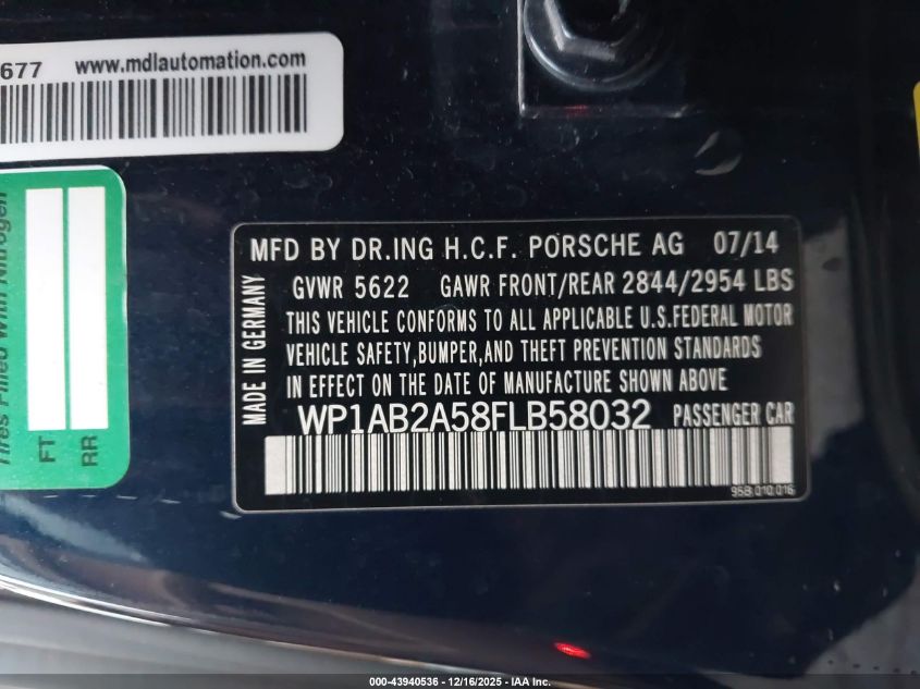 2015 Porsche Macan S VIN: WP1AB2A58FLB58032 Lot: 43940536